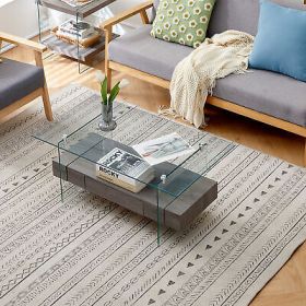 37.8 Tempered Glass Coffee table with Dual Shelves and MDF Drawer, Tea Table for