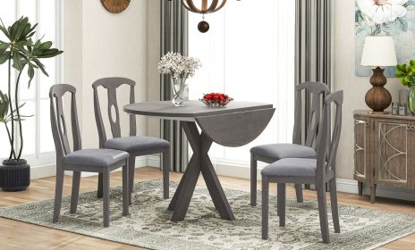 Rustic Farmhouse 5-Piece Wood Round Dining Table Set for 4, Kitchen Furniture with Drop Leaf and 4 Padded Dining Chairs for Small Places