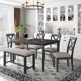 6Pcs Kitchen Dining Table Set Wooden Dining Table 4 Dining Chair and Bench Grey