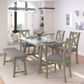 6 Piece Wood Dining Table chair Kitchen Table Set with Table Bench and 4 Chairs