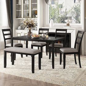 6-Piece Kitchen Simple Wooden Dining Table and Chair with Bench Fabric Cushion