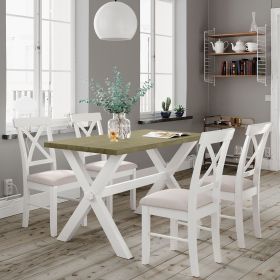 5 Pieces Farmhouse Rustic Wood Kitchen Dining Table Set with Upholstered 4 X-back Chairs