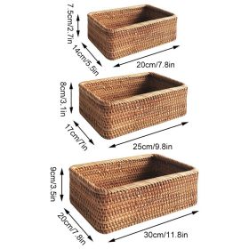 3pcs Hand-Woven Rattan Wicker Basket Fruit Tea Snack Bread Basket Cosmetic Rectangular Storage Box Household Kitchen Room Supply (Color: 3pcs mixed set)