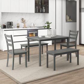 5-piece Wooden Dining Set, Kitchen Table with 2 Dining Chairs and 2 Benches, Farmhouse Rustic Style (Main Color: Gray)