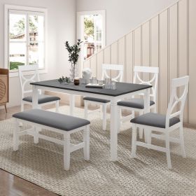 6-Piece Wood Dining Table Set Kitchen Table Set with Upholstered Bench and 4 Dining Chairs, Farmhouse Style (Main Color: White)