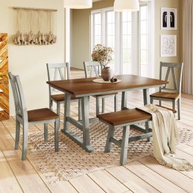 6-Piece Wood Dining Table Set Kitchen Table Set with Long Bench and 4 Dining Chairs, Farmhouse Style (Main Color: Gray)