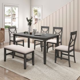 6-Piece Wood Dining Table Set Kitchen Table Set with Upholstered Bench and 4 Dining Chairs, Farmhouse Style (Main Color: Gray)