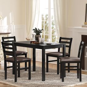 5PCS Stylish Dining Table Set 4 Upholstered Chairs with Ladder Back Design for Dining Room Kitchen Brown Cushion and Black (Color: Brown Oak)