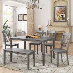 6-piece Wooden Kitchen Table set, Farmhouse Rustic Dining Table set with Cross Back 4 Chairs and Bench (Main Color: Gray Wash)