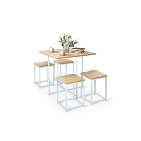 5 Pieces Metal Frame Dining Set with Compact Dining Table and 4 Stools (Color: Natural)