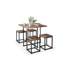 5 Pieces Metal Frame Dining Set with Compact Dining Table and 4 Stools (Color: Walnut)