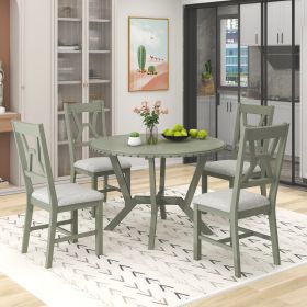 Mid-Century 5-Piece Dining Table Set;  Round Table with Cross Legs;  4 Upholstered Chairs for Small Places;  Kitchen;  Studio (Color: Green)