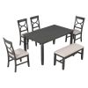 6-Piece Wood Dining Table Set Kitchen Table Set with Upholstered Bench and 4 Dining Chairs, Farmhouse Style