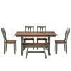 6-Piece Wood Dining Table Set Kitchen Table Set with Long Bench and 4 Dining Chairs, Farmhouse Style